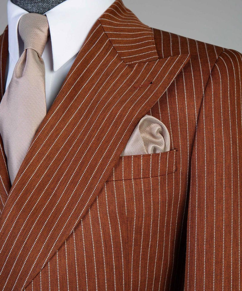 Brown Pinstripe Double-Breasted Peak Lapel Suit