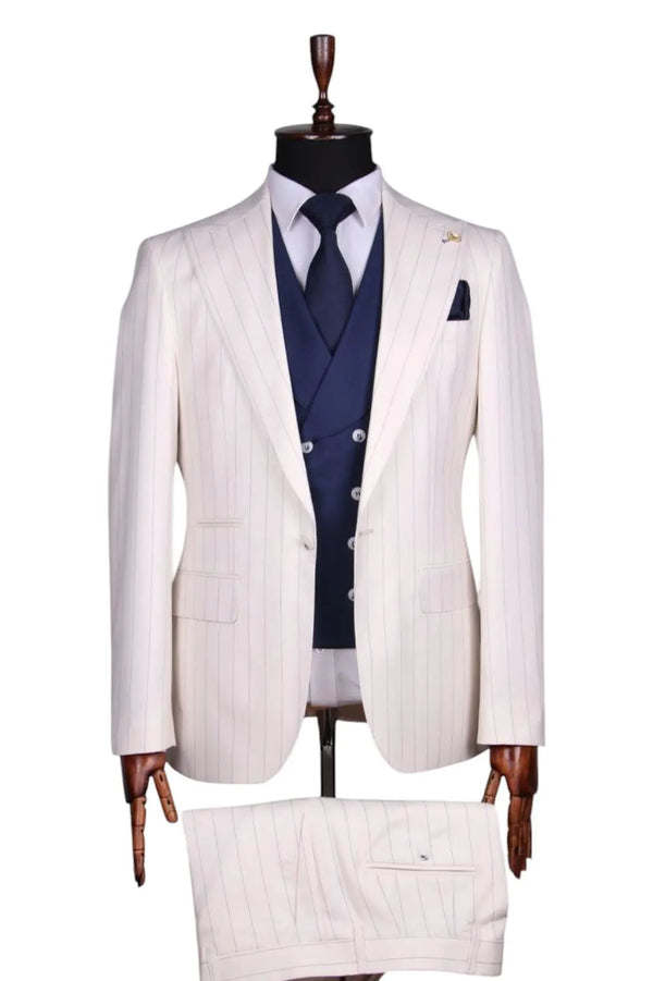 Ivory Pinstripe Three-Piece Suit with Navy Vest