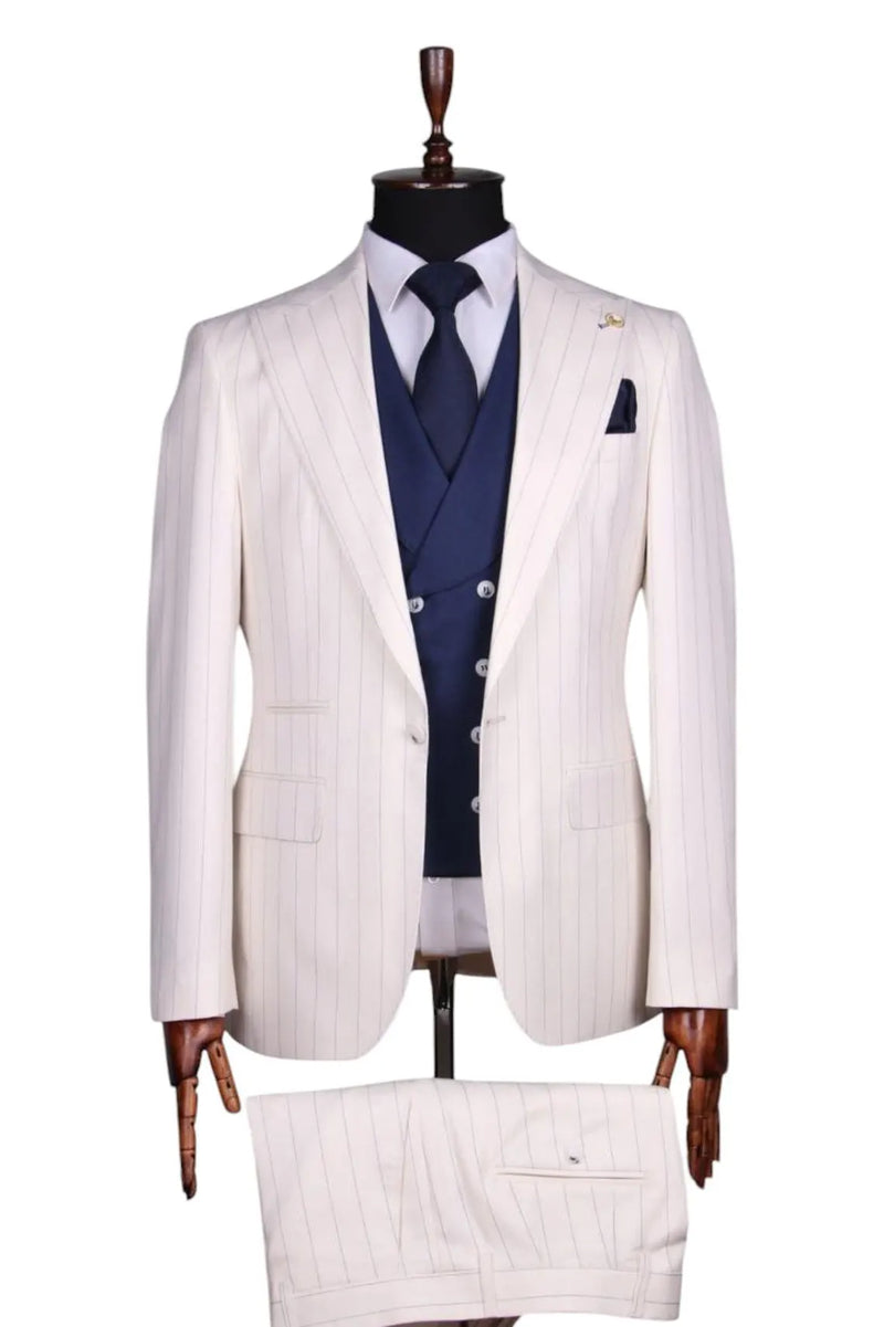Ivory Pinstripe Three-Piece Suit with Navy Vest