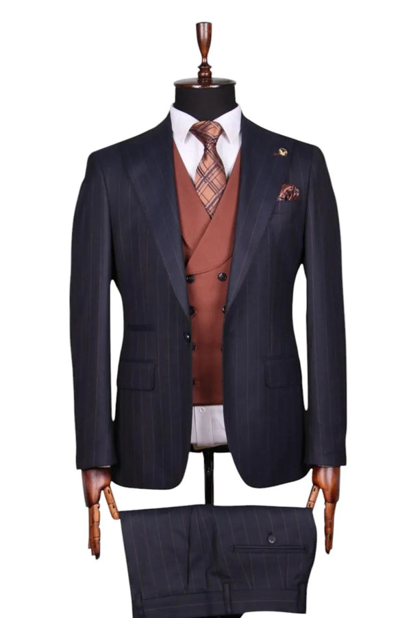 Navy Pinstripe Three-Piece Suit 
