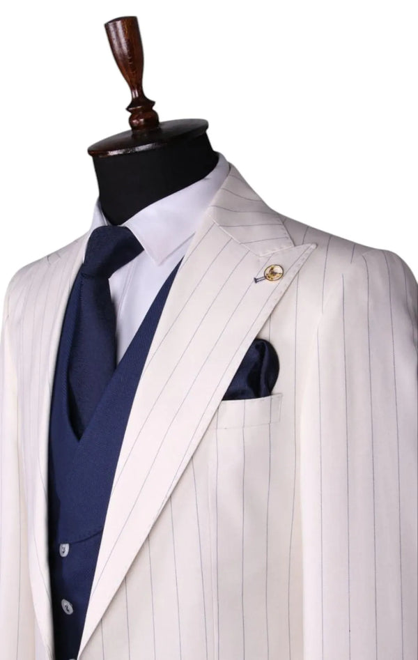 Ivory Pinstripe Three-Piece Suit with Navy Vest