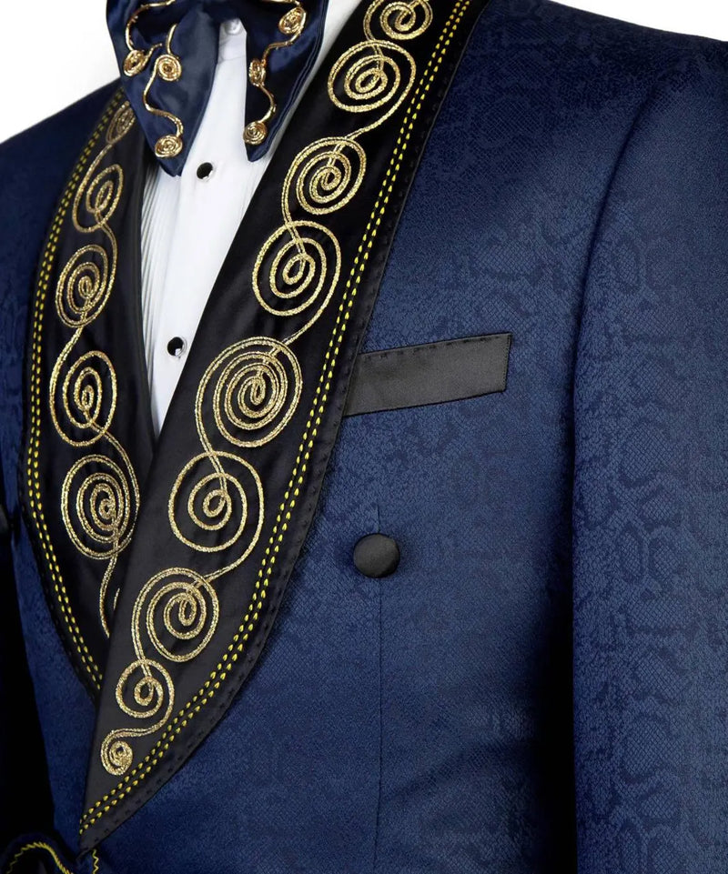 Deluxe Navy Three-Piece Embroidered Tuxedo Suit