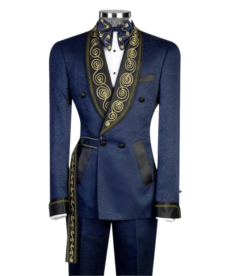 Deluxe Navy Three-Piece Embroidered Tuxedo Suit