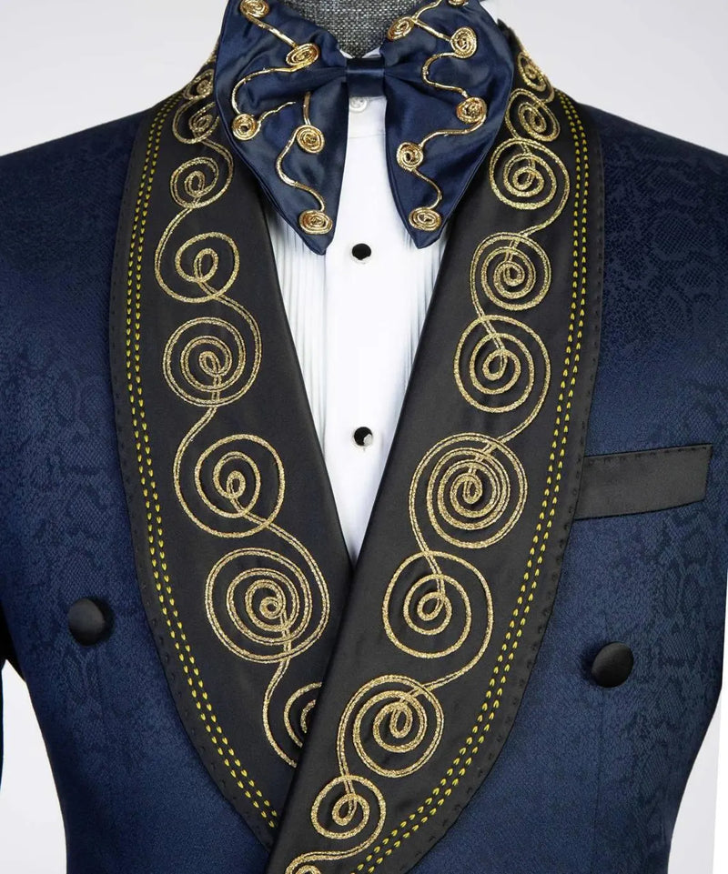 Deluxe Navy Three-Piece Embroidered Tuxedo Suit
