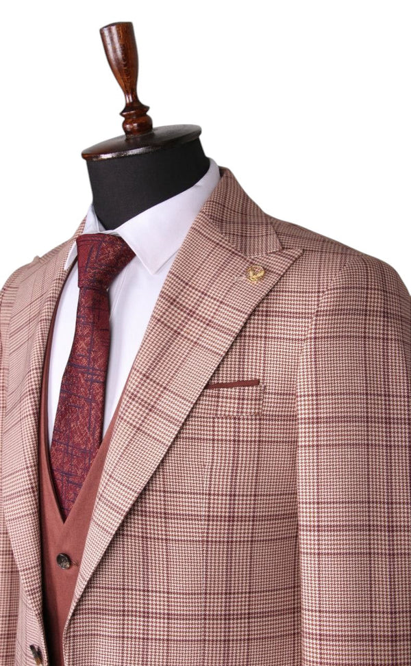 Burgundy and Beige Plaid Three-Piece Suit