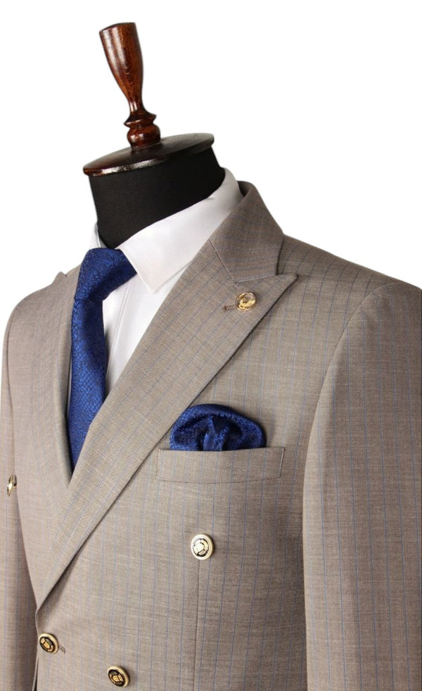 Beige Double-Breasted Plaid Suit