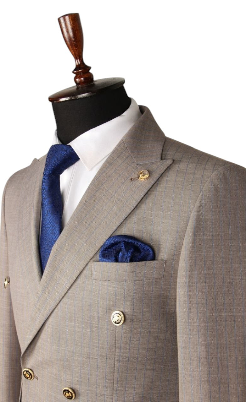 Beige Double-Breasted Plaid Suit