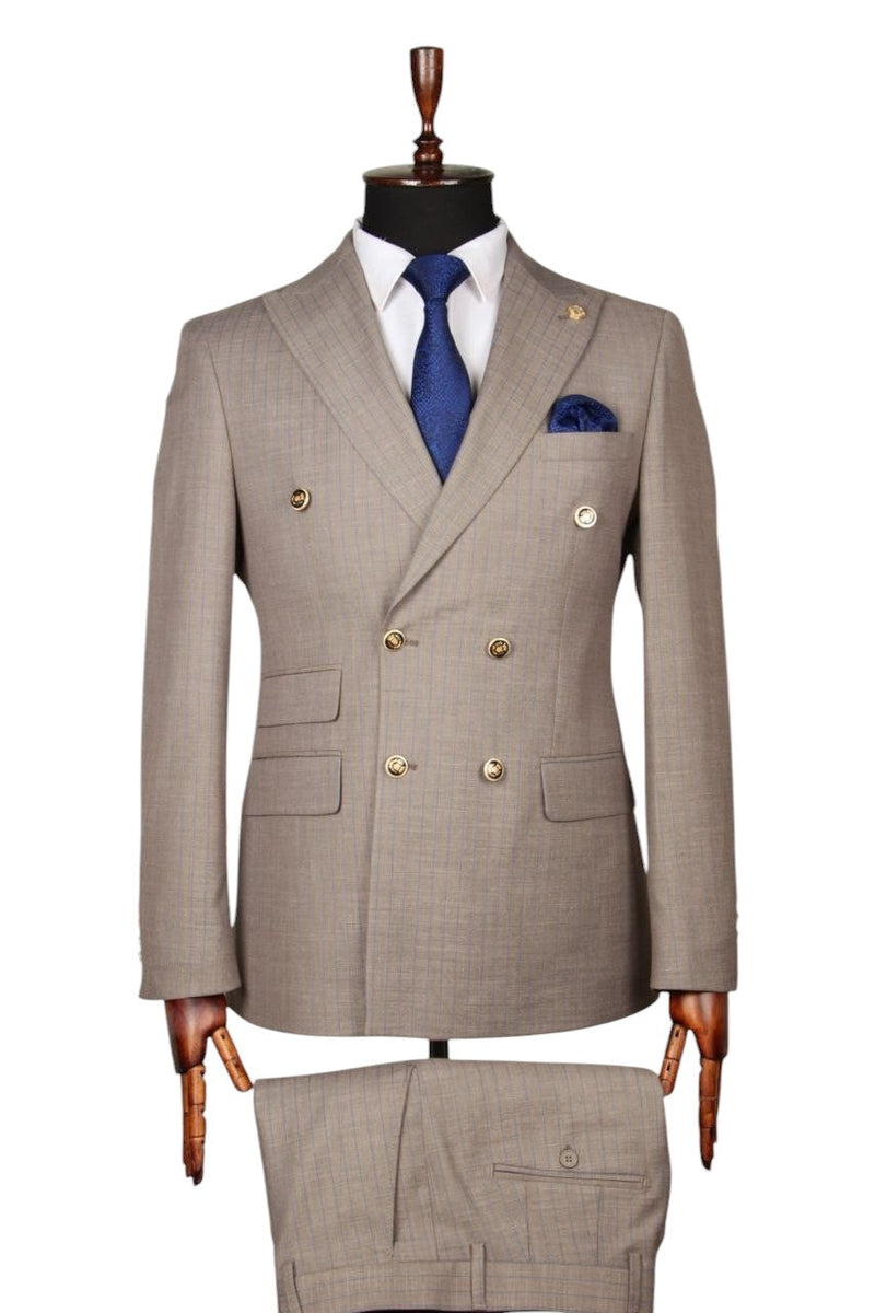 Beige Double-Breasted Plaid Suit