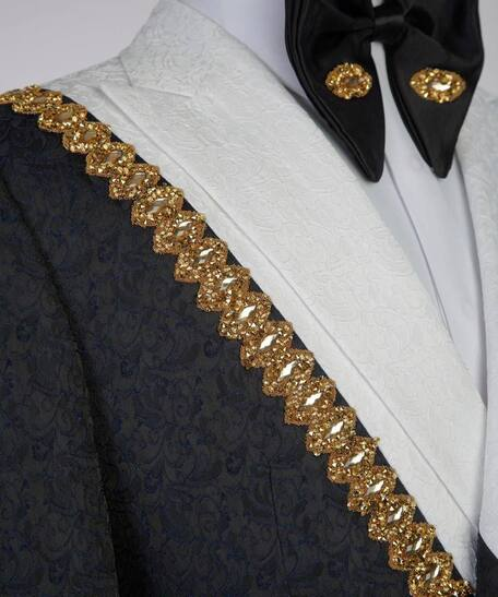 Statement Black & White Split Tuxedo with Gold Trim