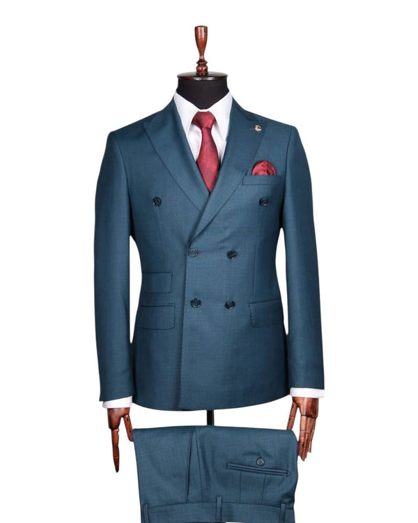 Teal Blue Double-Breasted European Suit
