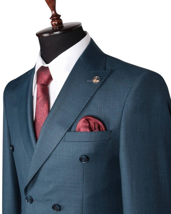 Teal Blue Double-Breasted European Suit