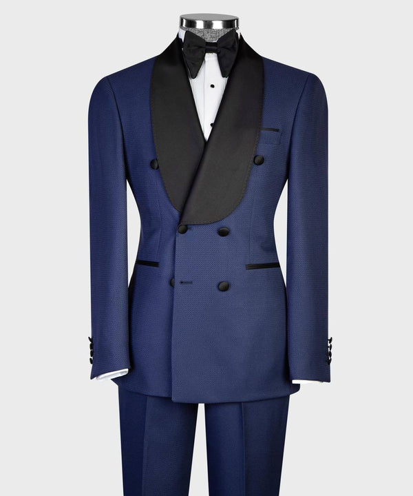 Midnight Blue Double-Breasted Tuxedo with Black Satin Lapels