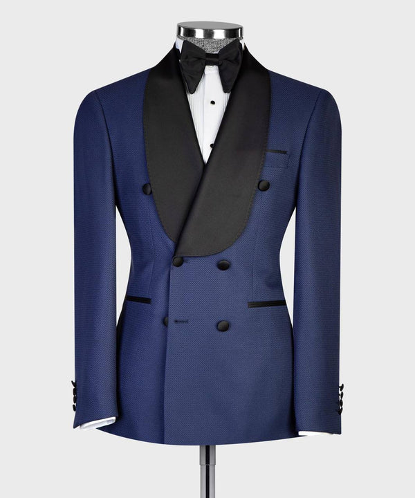 Midnight Blue Double-Breasted Tuxedo with Black Satin Lapels