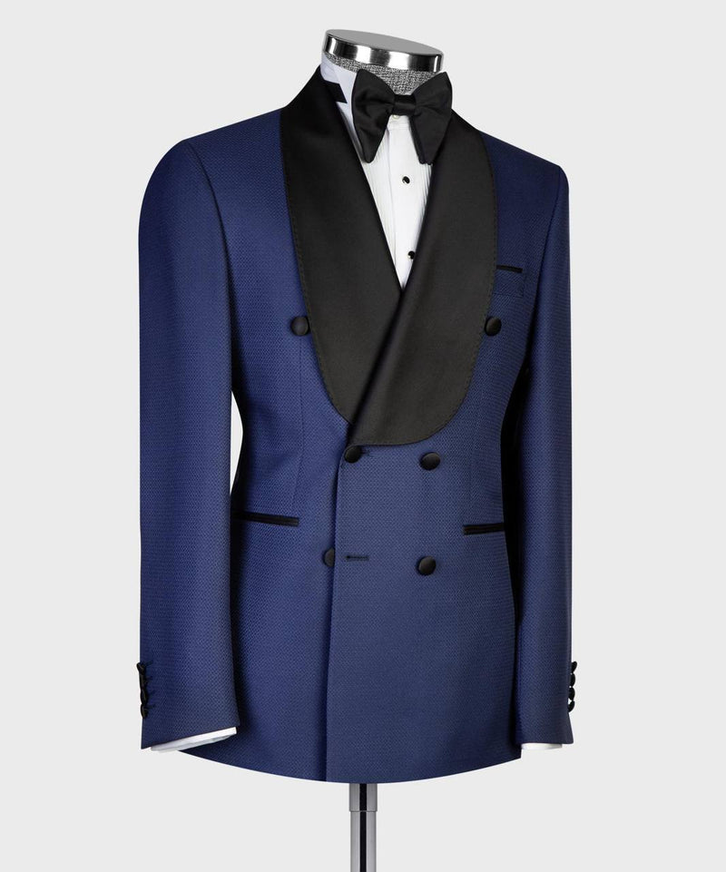 Midnight Blue Double-Breasted Tuxedo with Black Satin Lapels