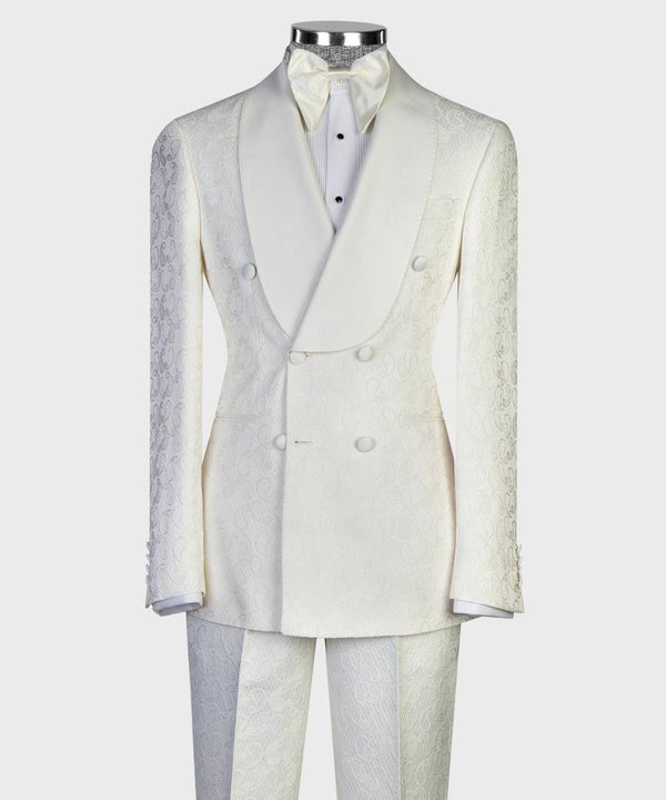 Ivory Jacquard Double-Breasted Tuxedo with Satin Shawl Lapels