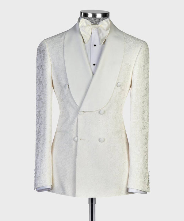 Ivory Jacquard Double-Breasted Tuxedo with Satin Shawl Lapels