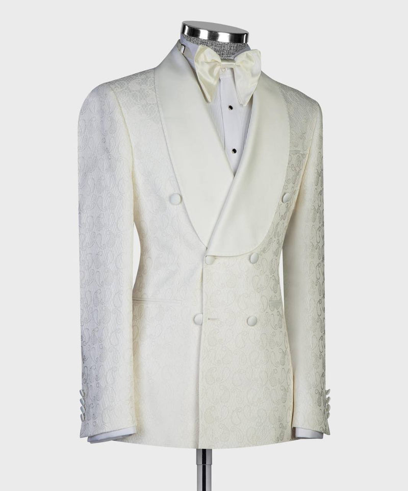 Ivory Jacquard Double-Breasted Tuxedo with Satin Shawl Lapels