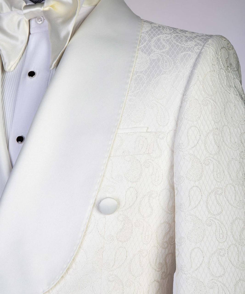 Ivory Jacquard Double-Breasted Tuxedo with Satin Shawl Lapels