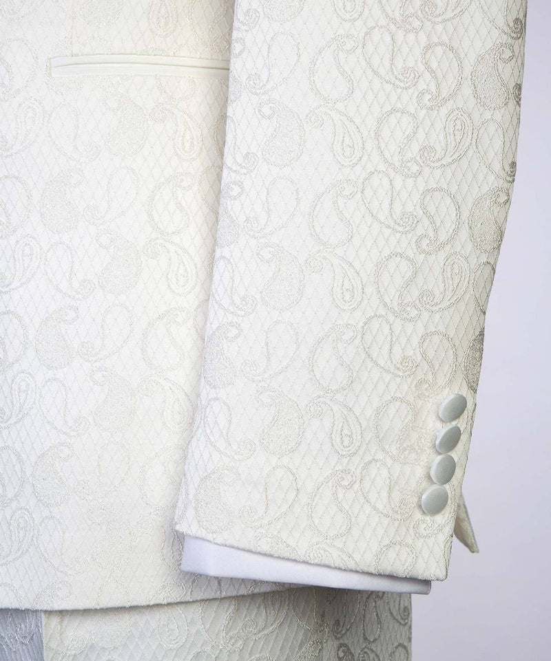Ivory Jacquard Double-Breasted Tuxedo with Satin Shawl Lapels