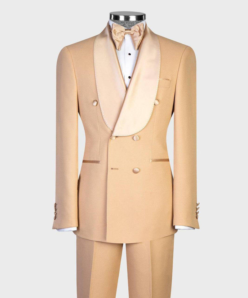 Champagne Double-Breasted Tuxedo with Satin Shawl Lapels