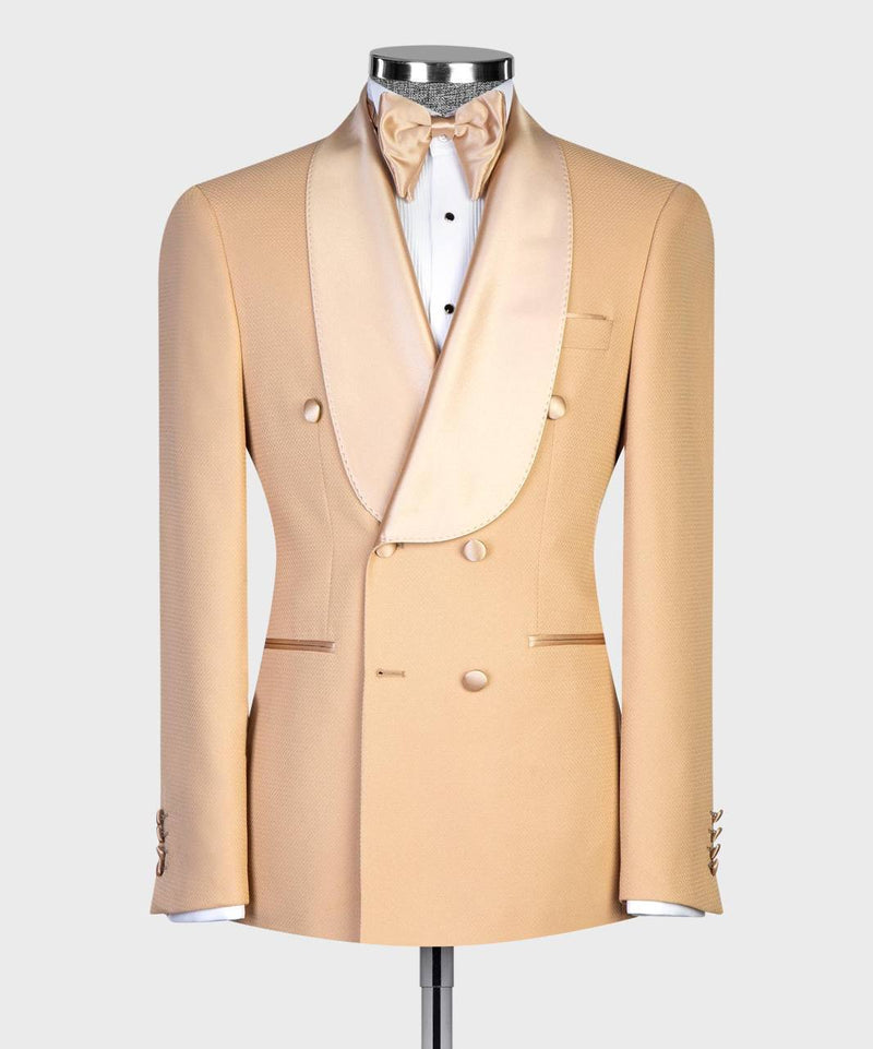 Champagne Double-Breasted Tuxedo with Satin Shawl Lapels