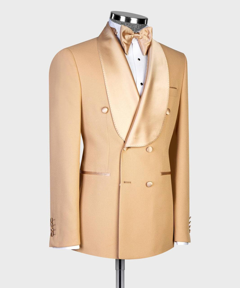 Champagne Double-Breasted Tuxedo with Satin Shawl Lapels