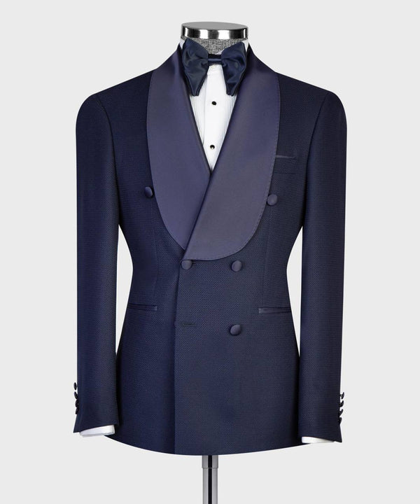 Midnight Blue Double-Breasted Tuxedo with Satin Shawl Lapels