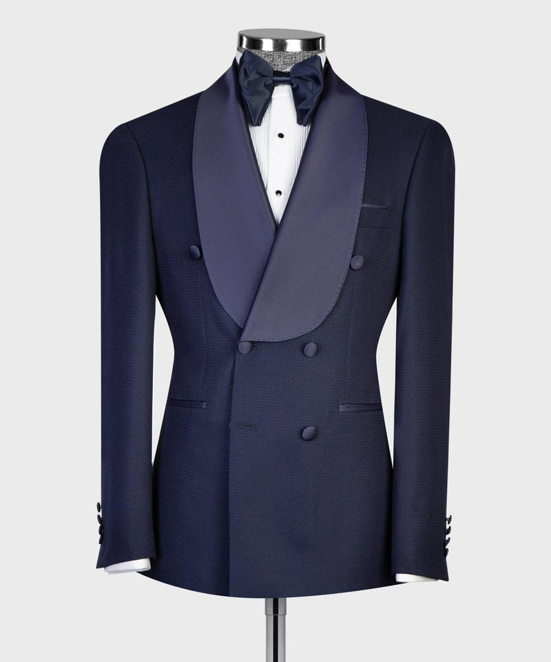 Midnight Blue Double-Breasted Tuxedo with Satin Shawl Lapels