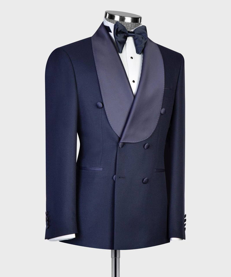 Midnight Blue Double-Breasted Tuxedo with Satin Shawl Lapels