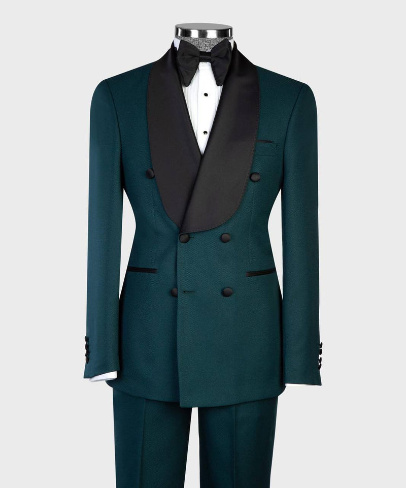 Emerald Green Double-Breasted Tuxedo with Black Satin Shawl Lapels