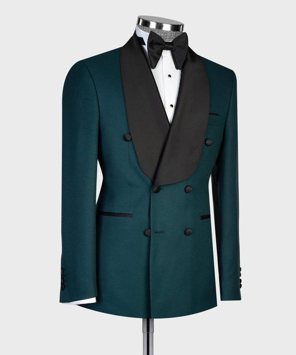 Emerald Green Double-Breasted Tuxedo with Black Satin Shawl Lapels