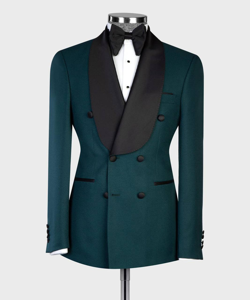 Emerald Green Double-Breasted Tuxedo with Black Satin Shawl Lapels