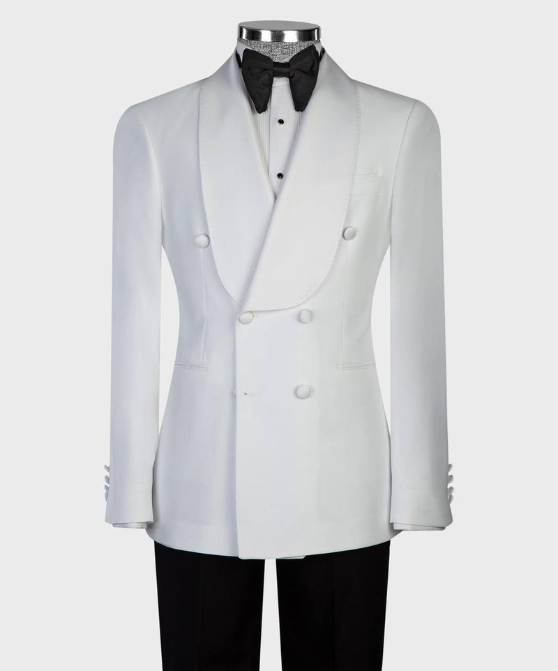 Classic White Double-Breasted Tuxedo with Satin Shawl Lapels