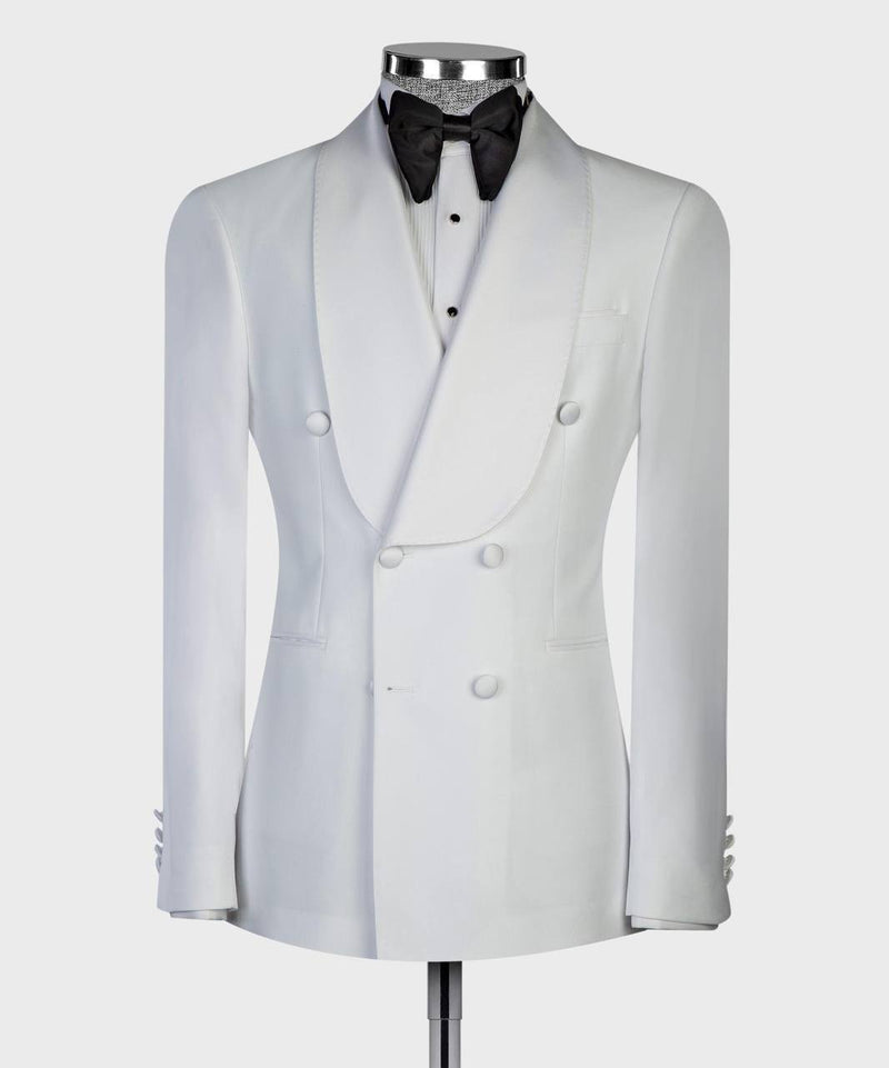 Classic White Double-Breasted Tuxedo with Satin Shawl Lapels