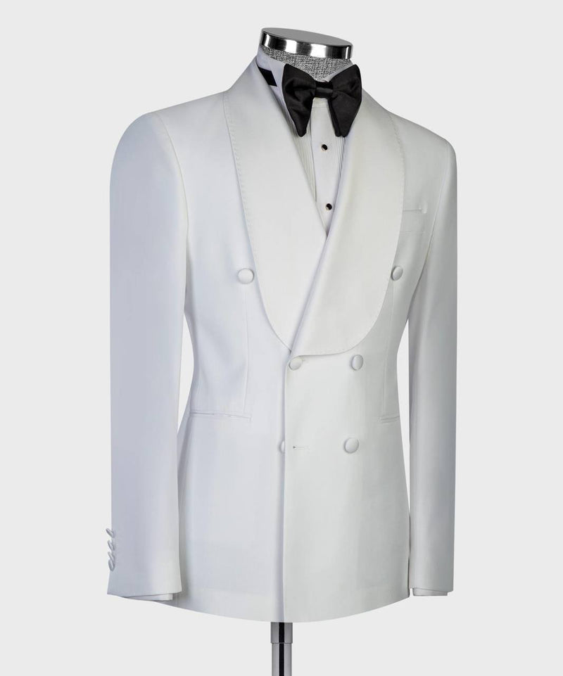 Classic White Double-Breasted Tuxedo with Satin Shawl Lapels