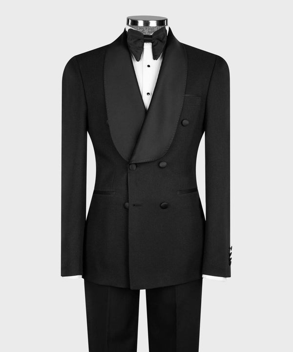 Timeless Black Double-Breasted Tuxedo with Satin Shawl Lapels