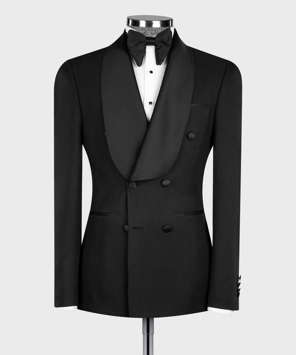 Timeless Black Double-Breasted Tuxedo with Satin Shawl Lapels