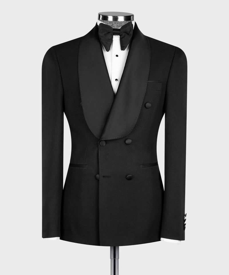 Timeless Black Double-Breasted Tuxedo with Satin Shawl Lapels