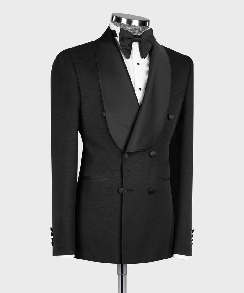 Timeless Black Double-Breasted Tuxedo with Satin Shawl Lapels